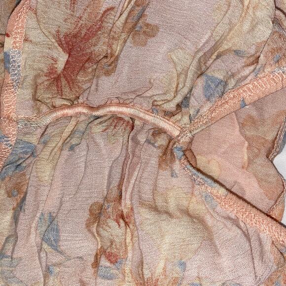 Ruched Tie Front Crop Top Long Sleeve Pink Floral Boho Peasant Soft Gauzy Large - Picture 9 of 10